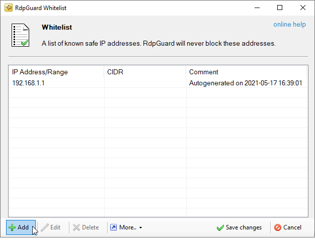 Screenshot of Whitelist Dialog