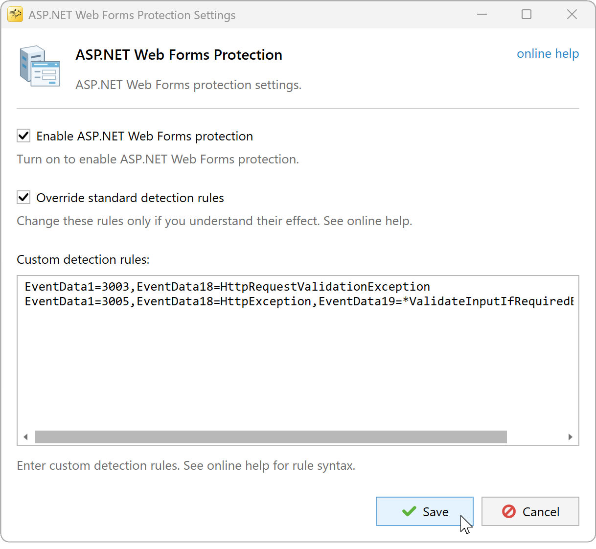 Custom detection rules enabled with the two standard rules retained