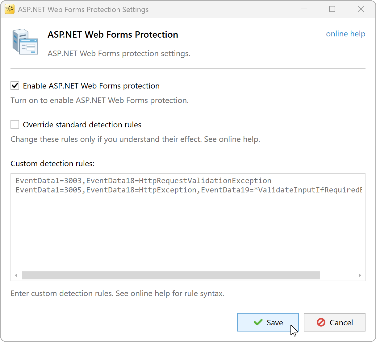 ASP.NET Web Forms protection enabled with standard detection rules