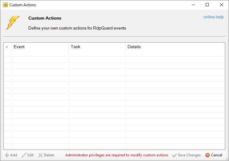 Custom Actions dialog without administrator privileges