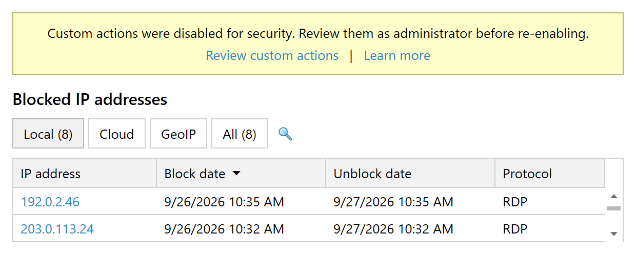 Dashboard warning that custom actions were disabled for security reasons