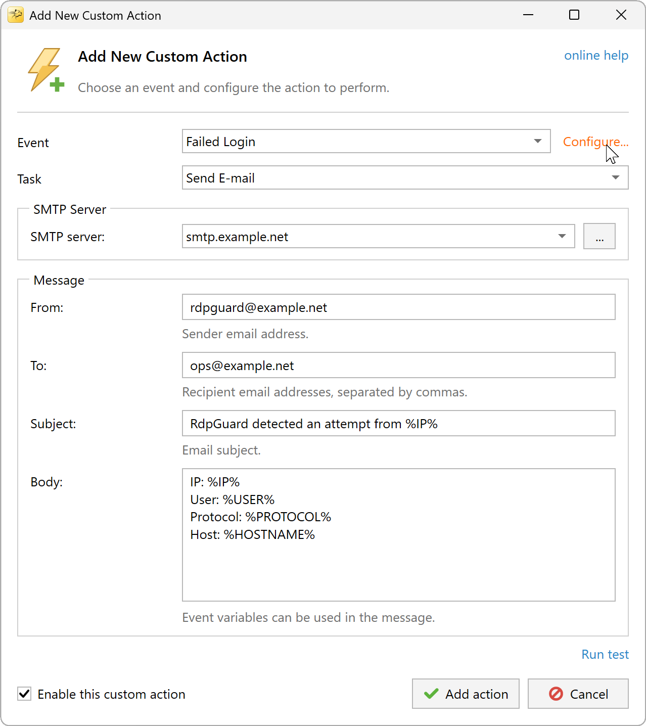 Choose Failed Login and click Configure...