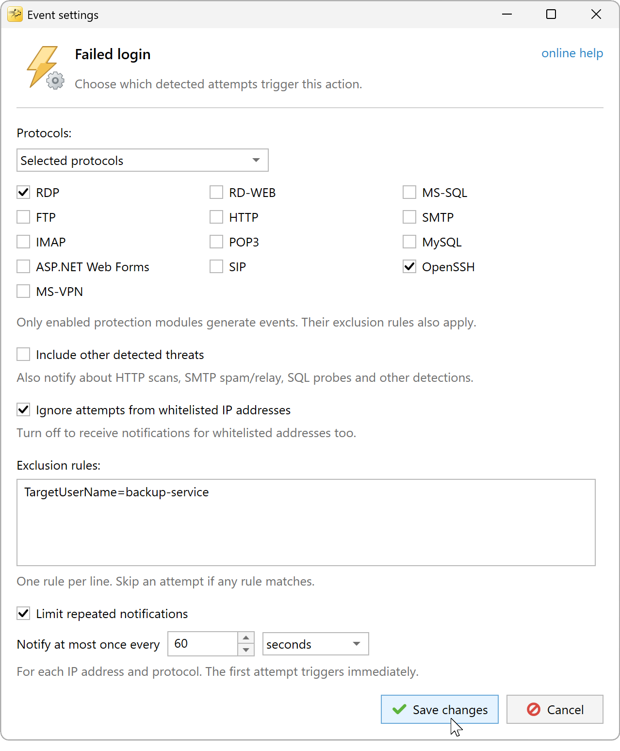 Example settings for Failed Login notifications.