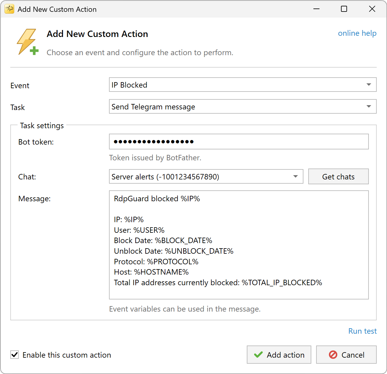 Send Telegram Message Custom Action Settings