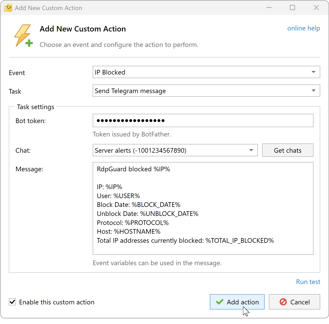 Add the action with your channel and notification message.