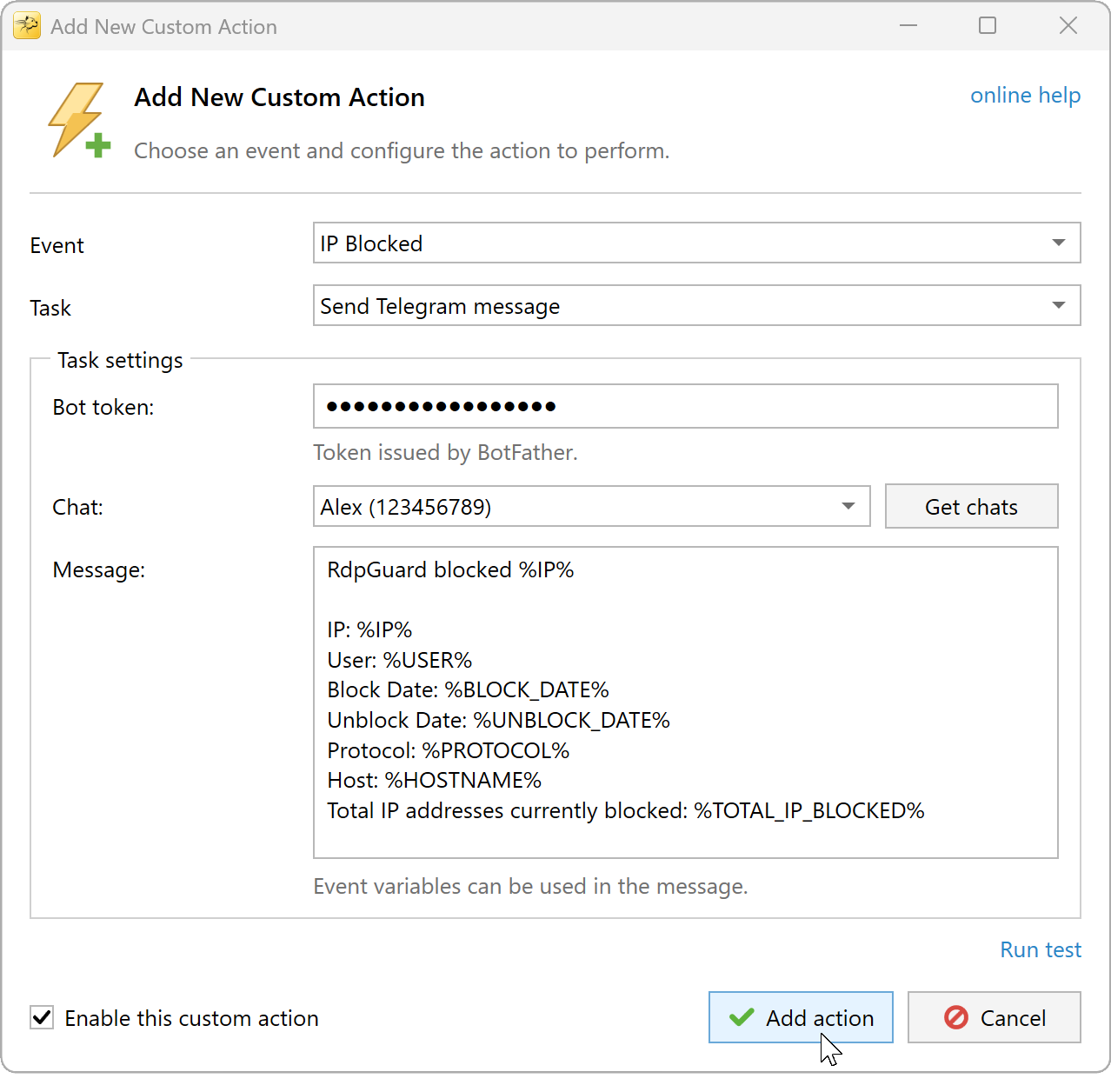 Add the action with your chat and notification message.