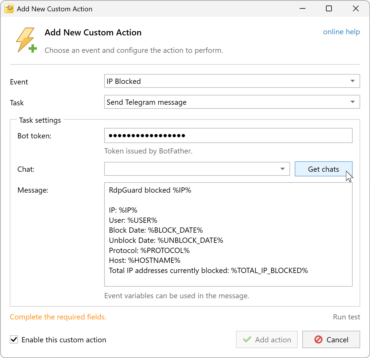 Enter your bot token and click Get chats.