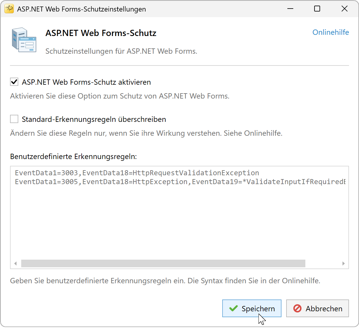 Schutz für ASP.NET Web Forms mit Standard-Erkennungsregeln aktiviert