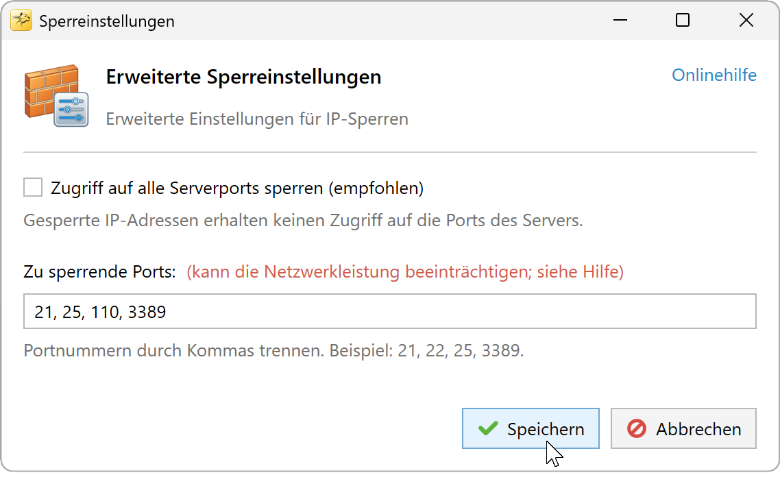 Sperreinstellungen mit den Ports 21, 25, 110 und 3389