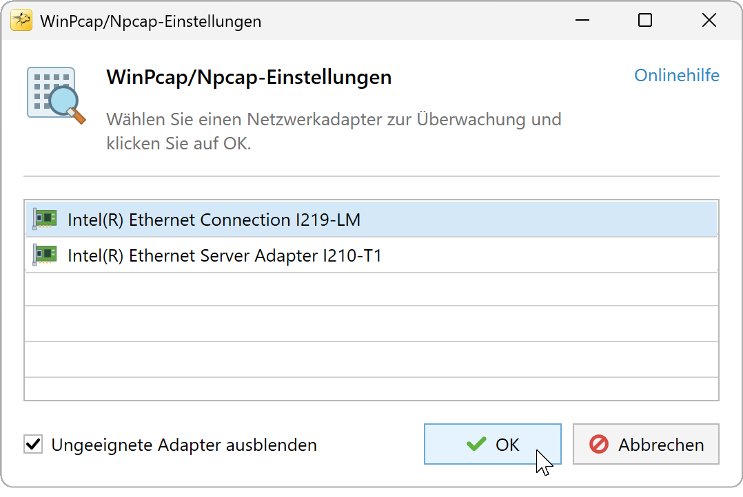 WinPcap/Npcap-Einstellungen mit ausgewähltem Ethernet-Adapter und ausgeblendeten irrelevanten Adaptern