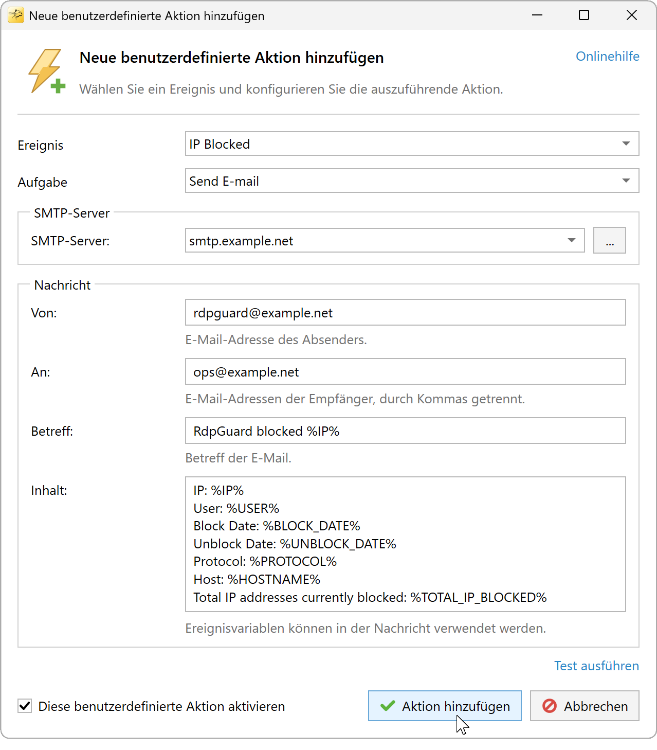 Dialogfeld Neue benutzerdefinierte Aktion hinzufügen
