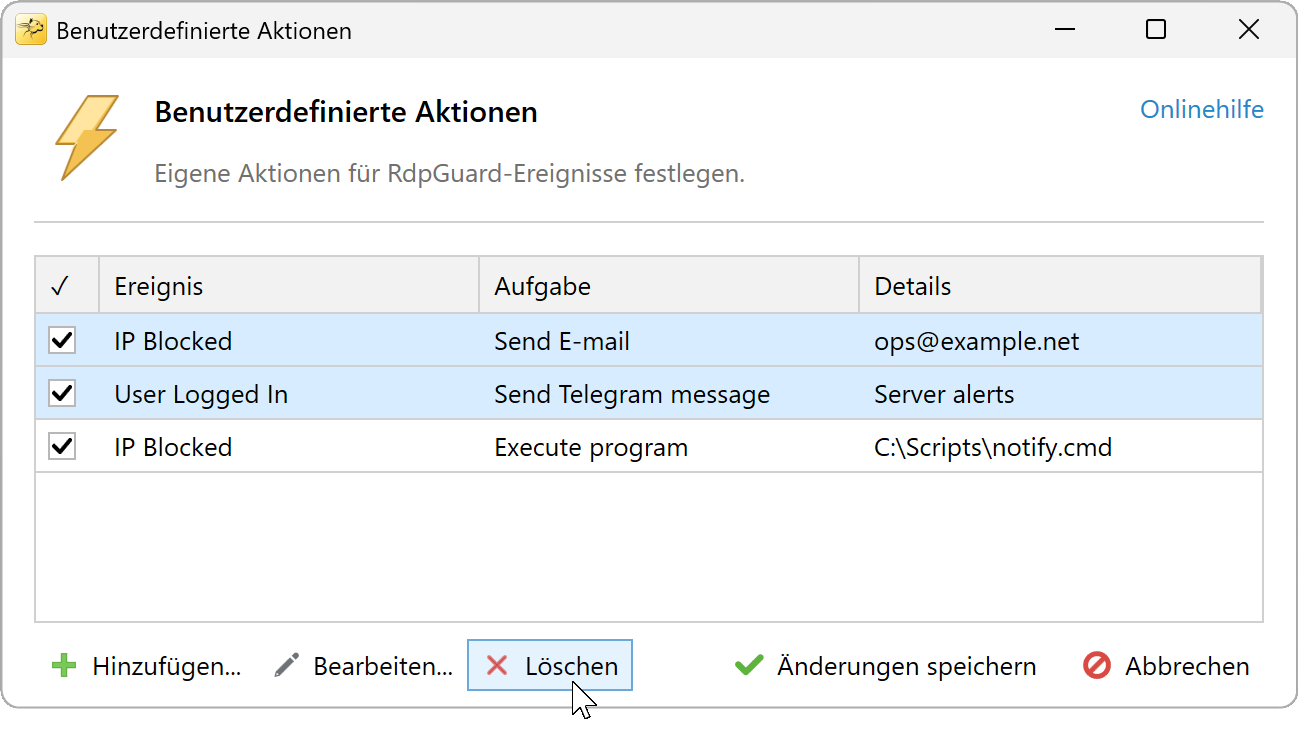 Benutzerdefinierte Aktionen löschen