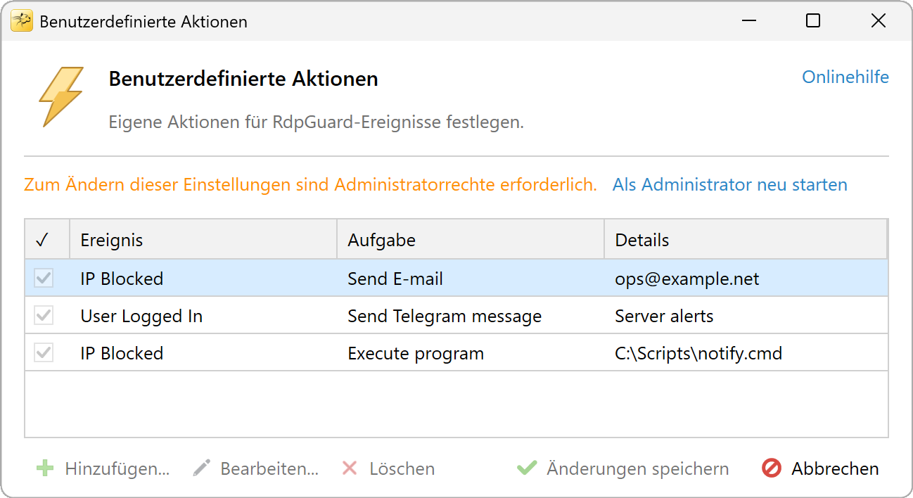 Dialogfeld Benutzerdefinierte Aktionen ohne Administratorrechte