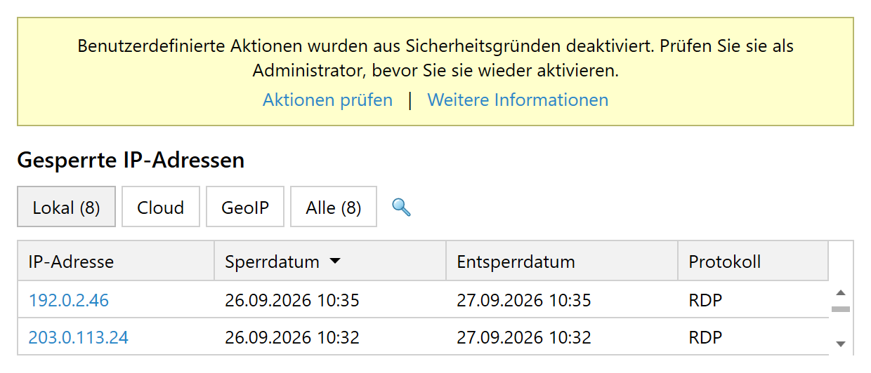 Dashboard-Hinweis zu aus Sicherheitsgründen deaktivierten benutzerdefinierten Aktionen