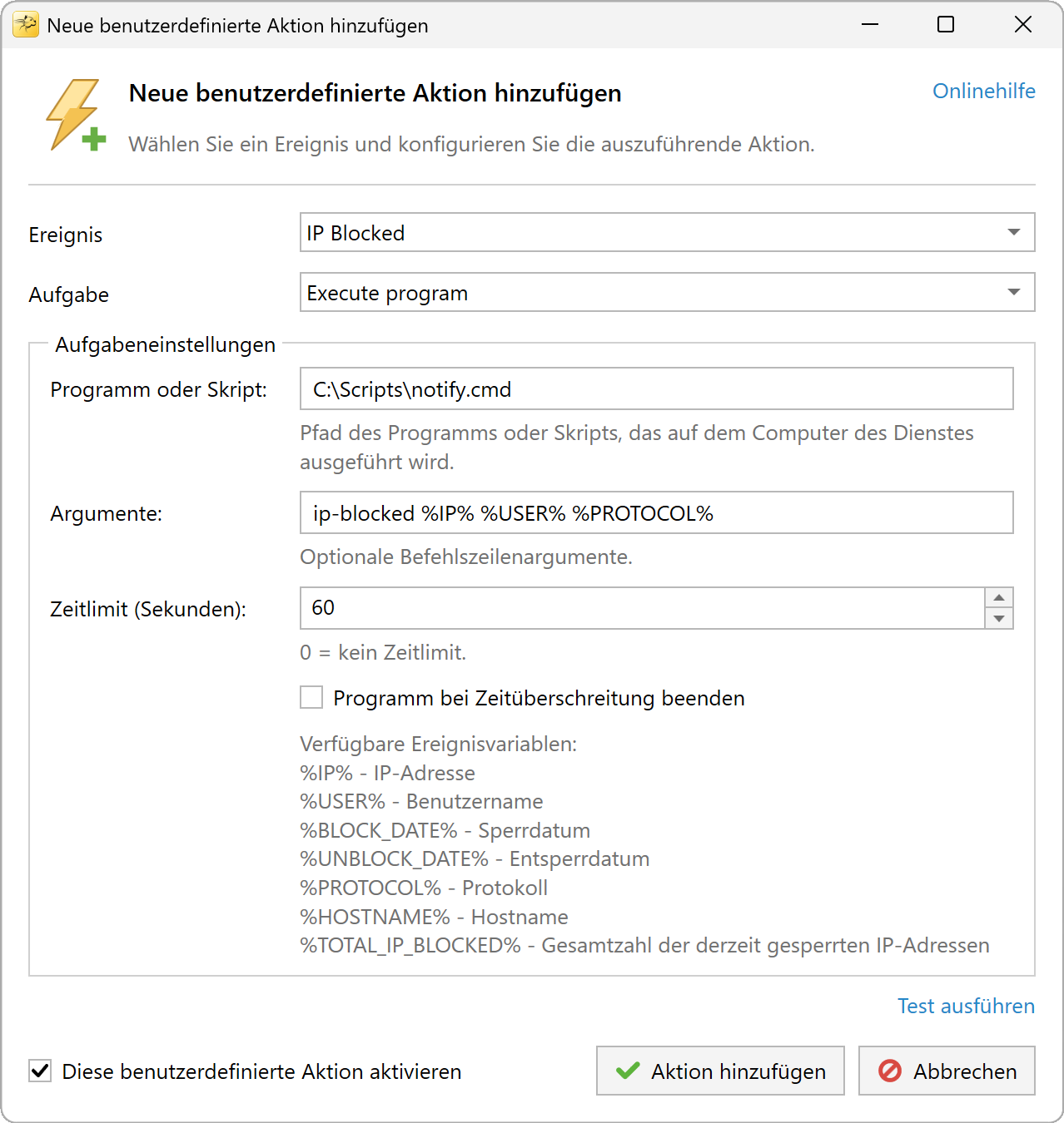 Einstellungen der benutzerdefinierten Aktion Programm ausführen