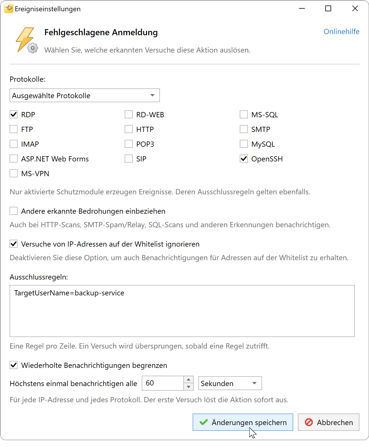 Beispieleinstellungen für Benachrichtigungen bei fehlgeschlagenen Anmeldungen.