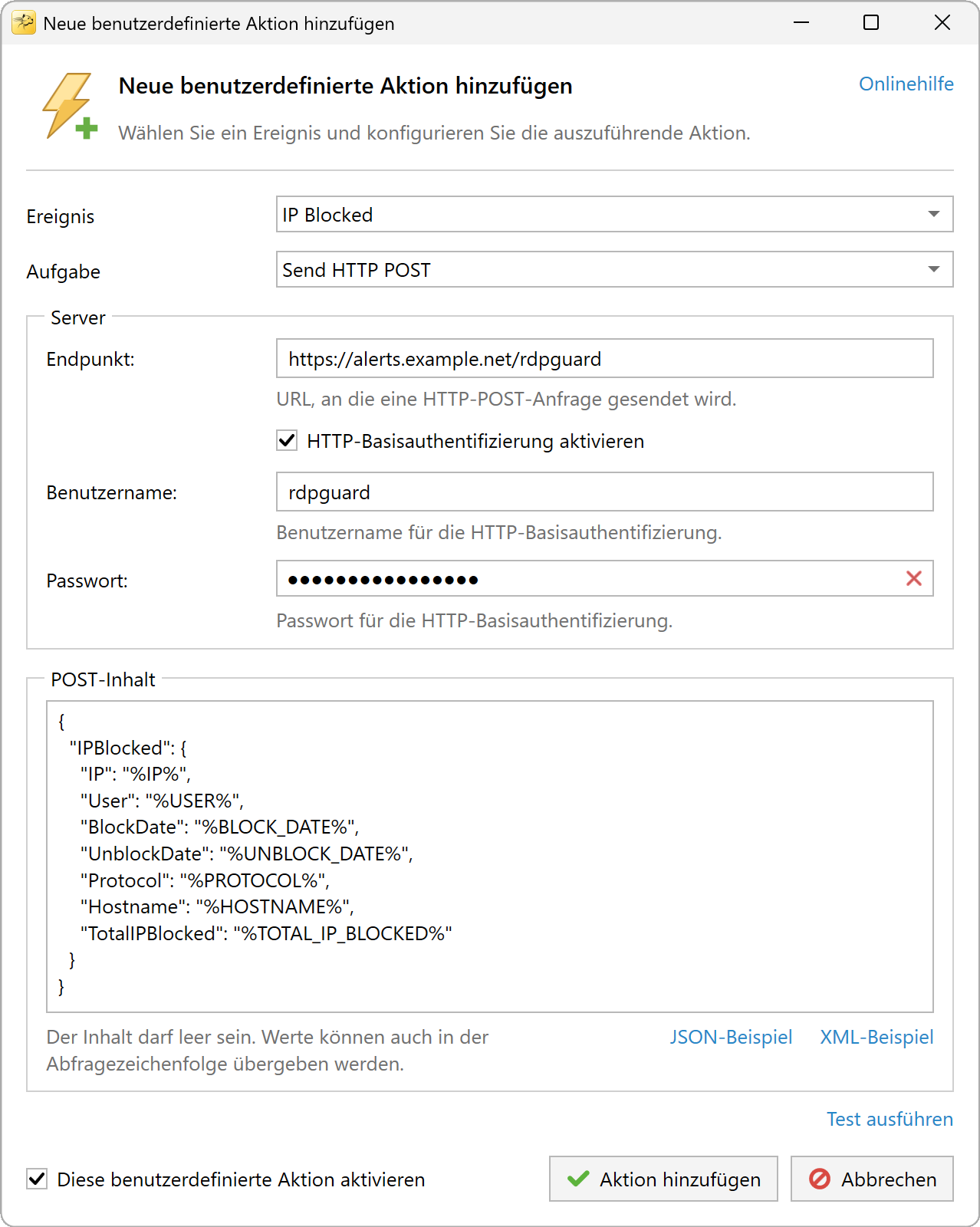 Einstellungen für HTTP POST senden