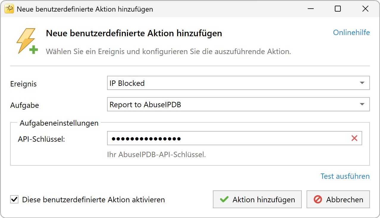 Einstellungen der benutzerdefinierten Aktion An AbuseIPDB melden