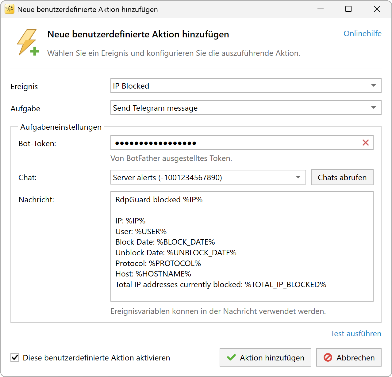 Einstellungen der benutzerdefinierten Aktion Telegram-Nachricht senden