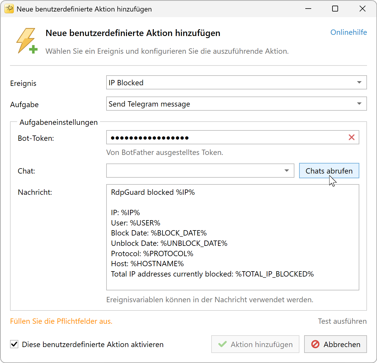 Geben Sie Ihr Bot-Token ein und klicken Sie auf Chats abrufen.