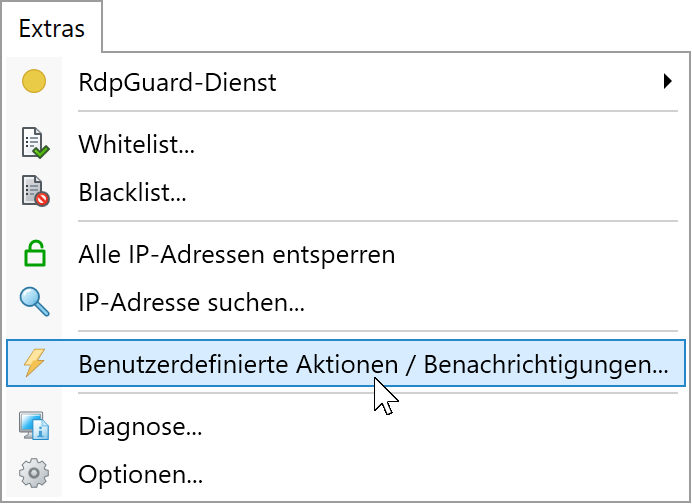 Klicken Sie auf Extras, Benutzerdefinierte Aktionen/Benachrichtigungen