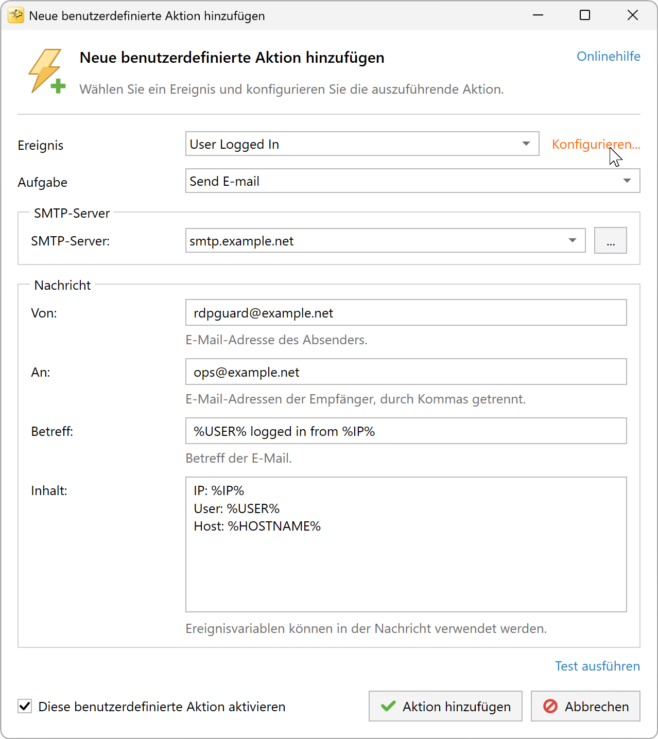 Link zu den Einstellungen des Ereignisses Benutzer angemeldet