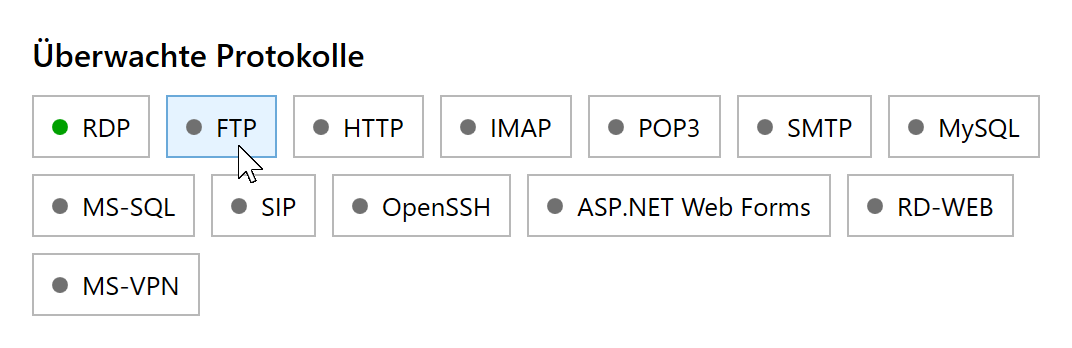 FTP-Schaltfläche unter Überwachte Protokolle im RdpGuard-Dashboard