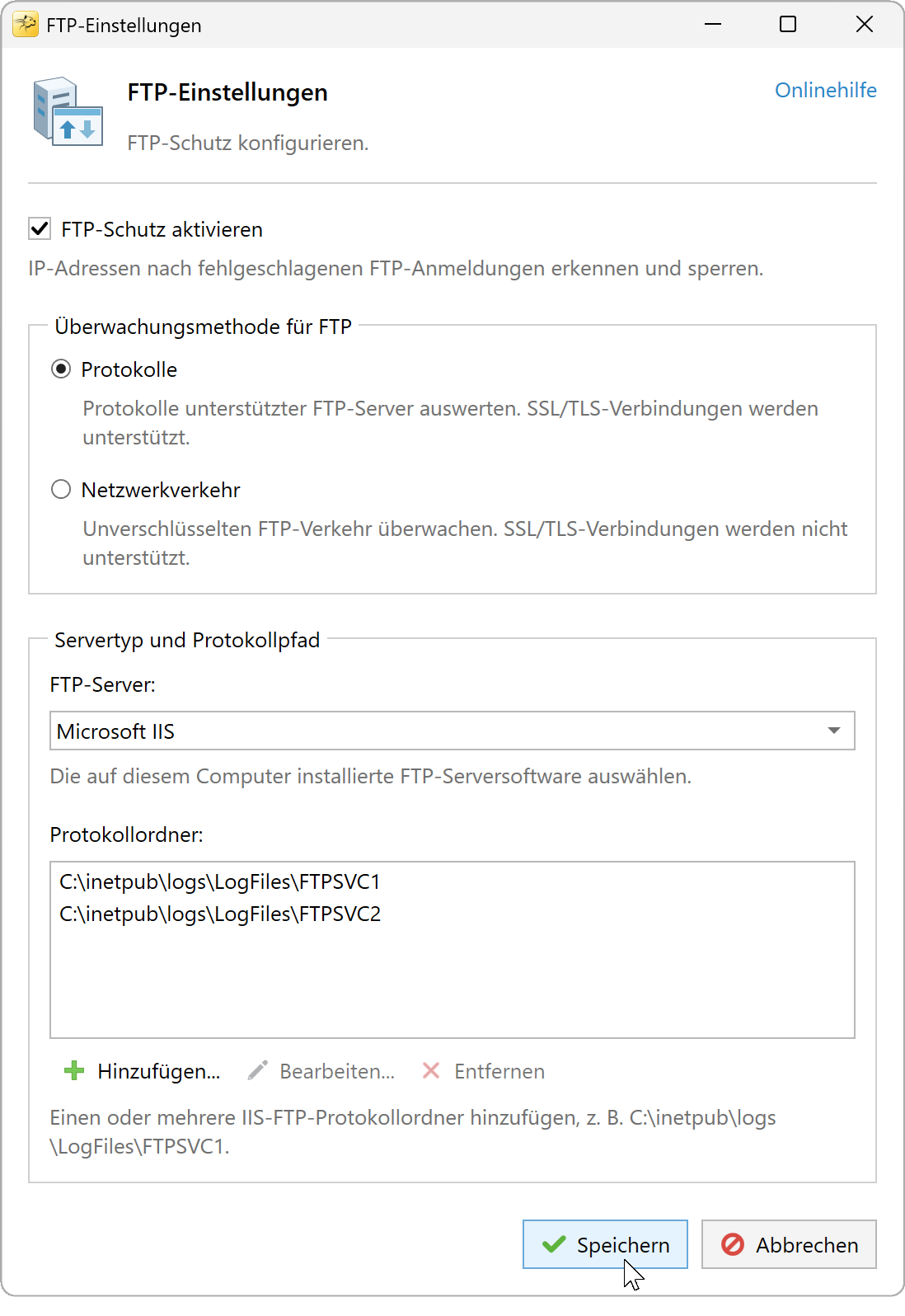 FTP-Einstellungen mit ausgewählten Protokollen und zwei Microsoft-IIS-FTP-Protokollordnern