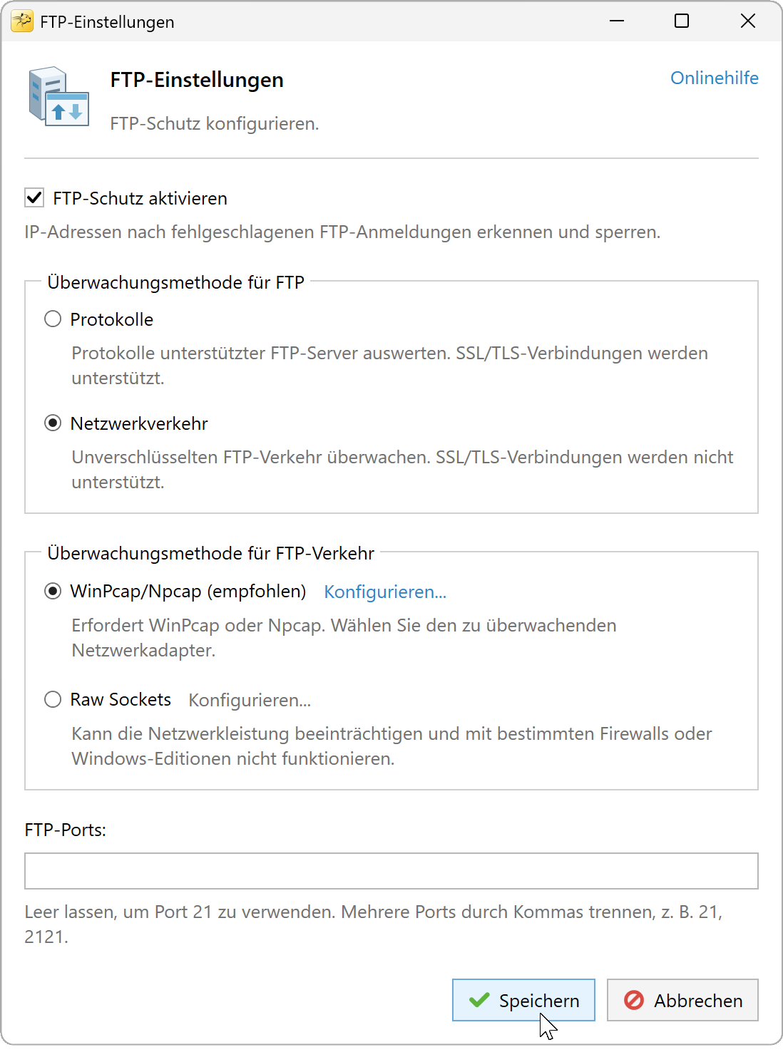 FTP-Einstellungen mit ausgewähltem Datenverkehr und WinPcap/Npcap sowie leerem FTP-Portfeld