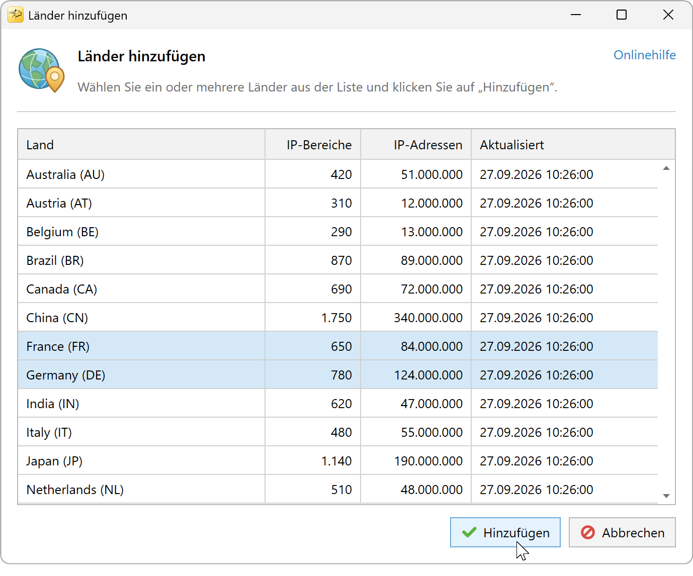 Dialogfeld Länder hinzufügen mit mehreren ausgewählten Ländern