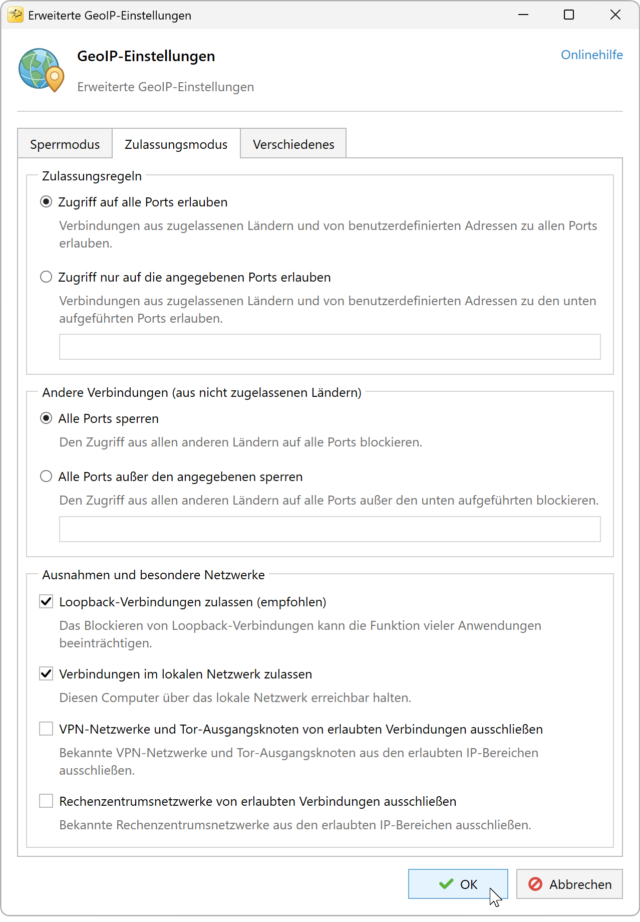 Erweiterte GeoIP-Einstellungen, Registerkarte Zulassen-Modus