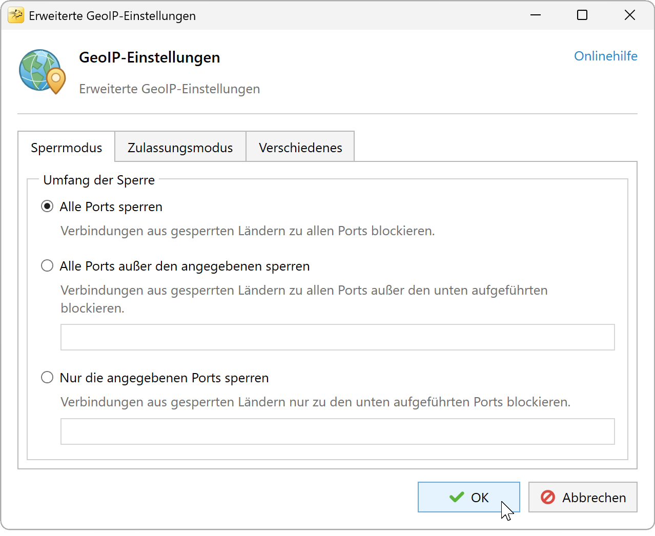 Erweiterte GeoIP-Einstellungen, Registerkarte Verweigern-Modus