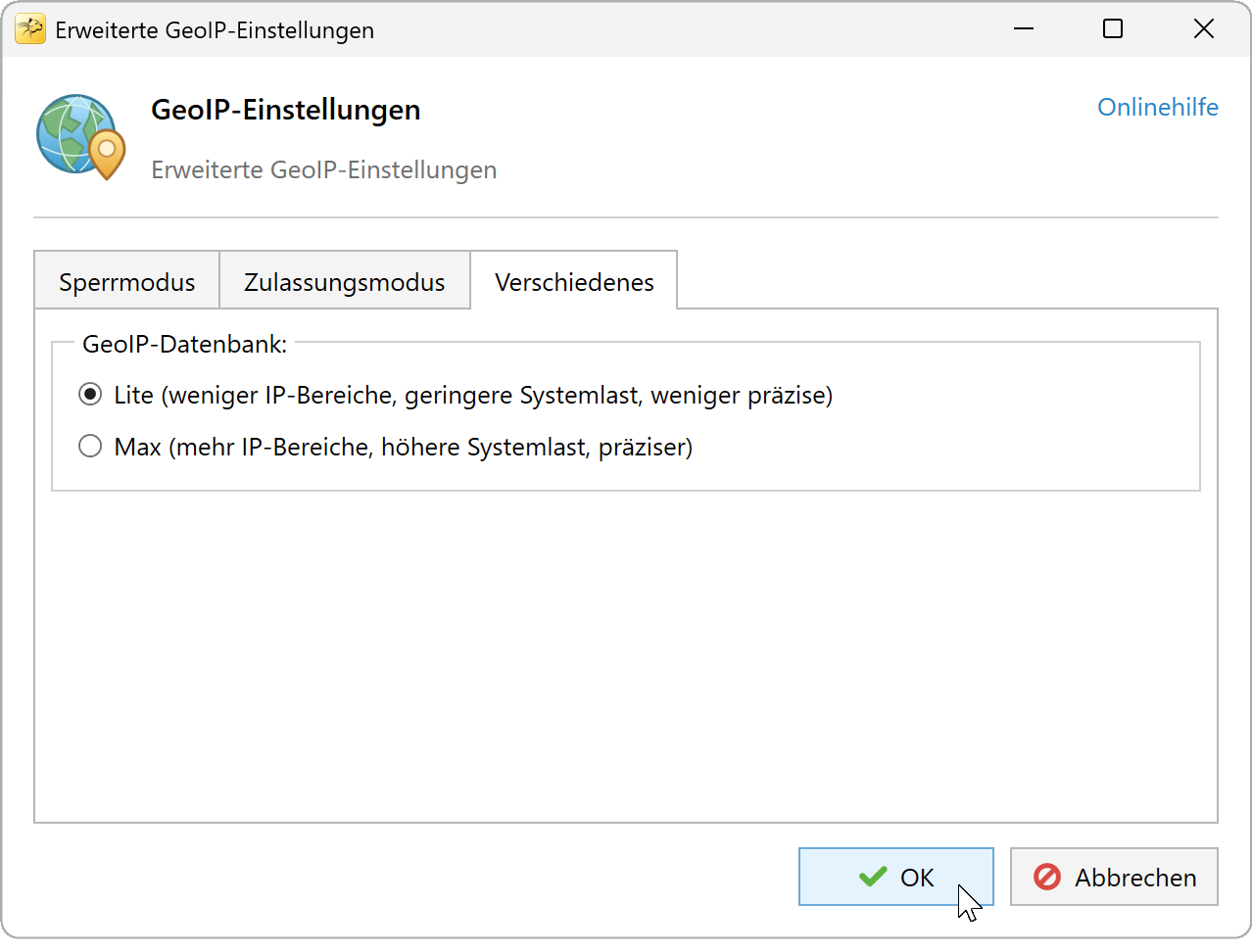 Erweiterte GeoIP-Einstellungen, Registerkarte Verschiedenes