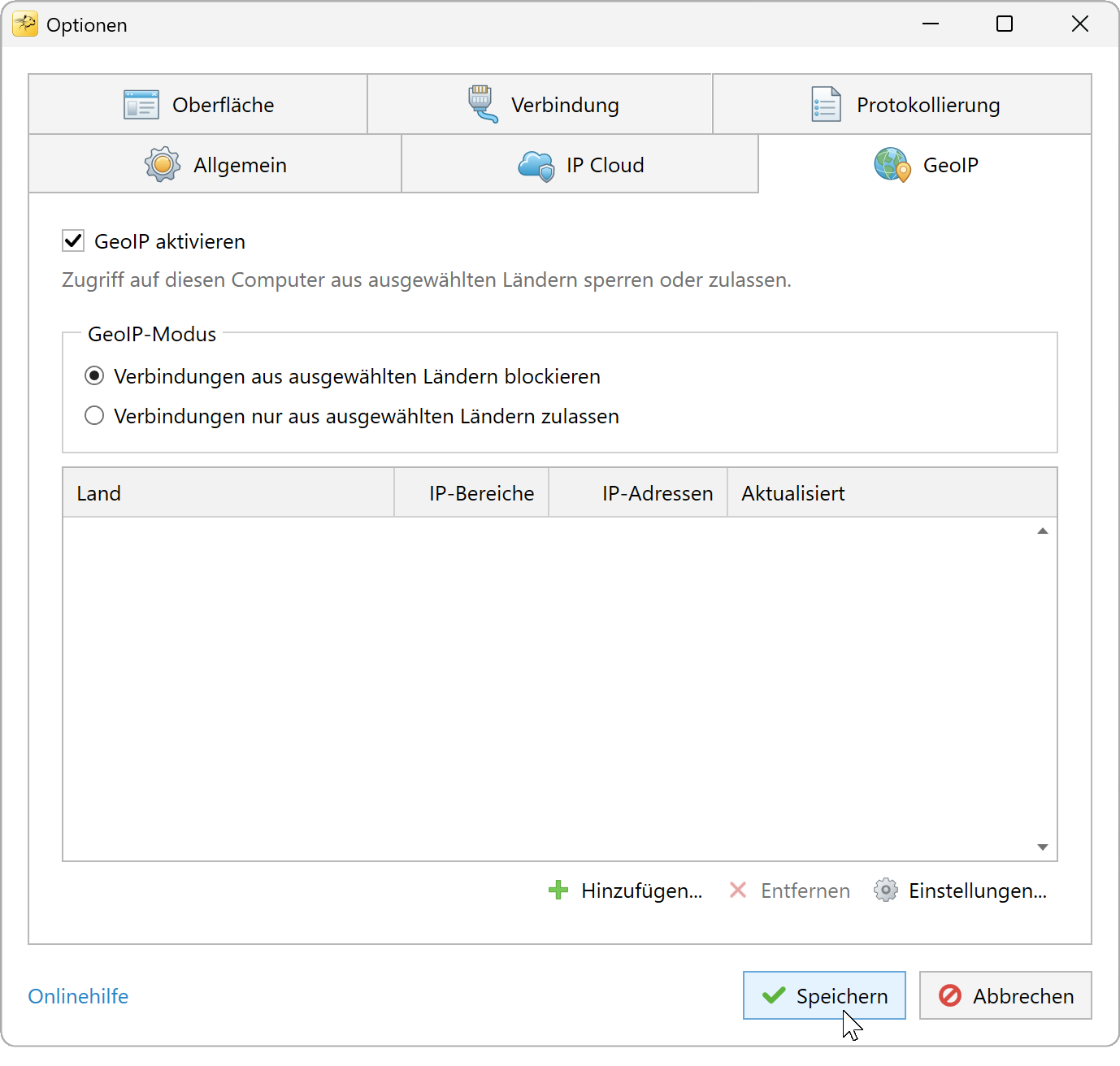 RdpGuard-Optionen mit aktiviertem GeoIP