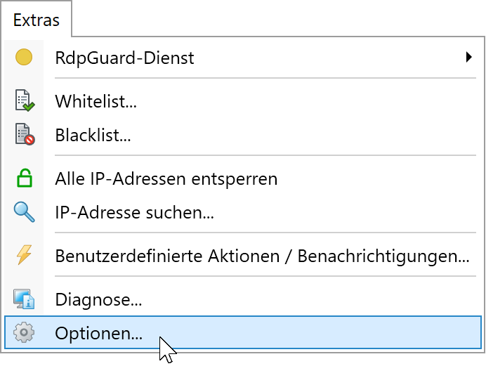 RdpGuard-Menü Extras mit hervorgehobenen Optionen