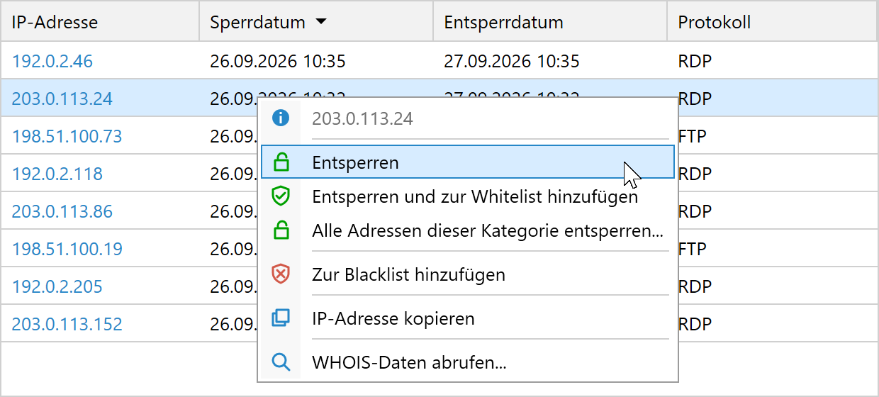 Kontextmenü einer IP-Adresse