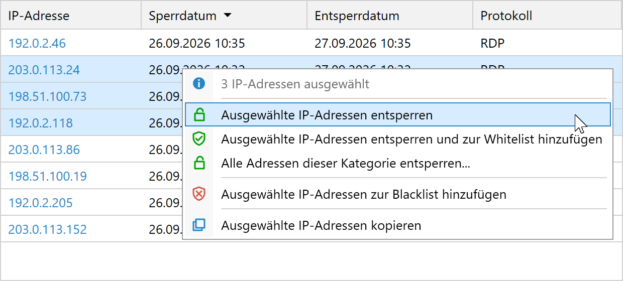 Mehrere IP-Adressen entsperren