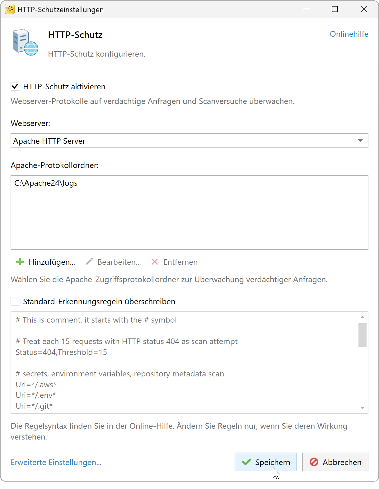 HTTP-Schutzeinstellungen für Apache HTTP Server mit einem Beispielverzeichnis für Zugriffsprotokolle