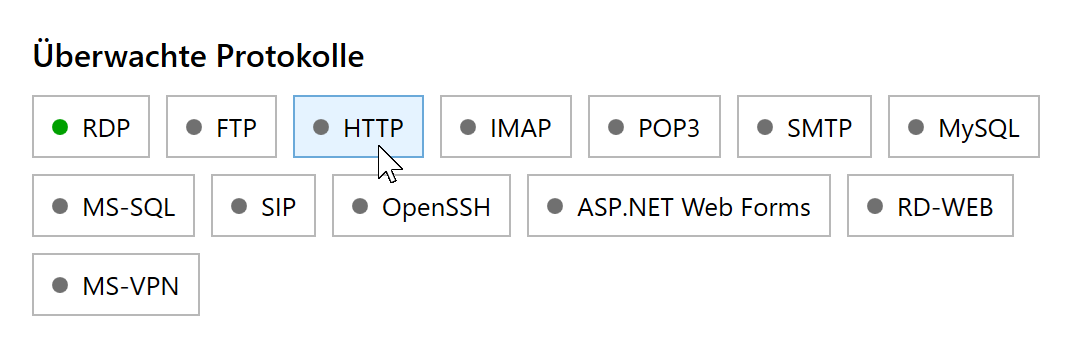 Deaktivierte HTTP-Schaltfläche unter Überwachte Protokolle im RdpGuard-Dashboard