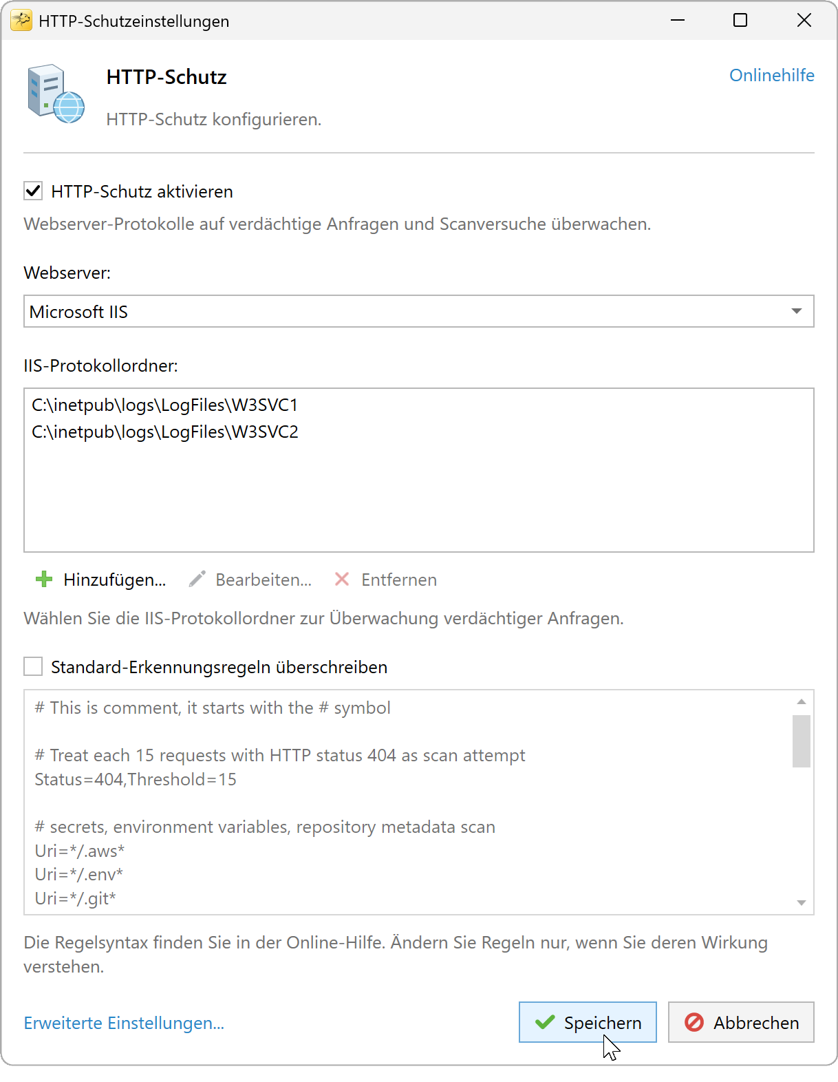 HTTP-Schutzeinstellungen für Microsoft IIS mit zwei Website-Protokollordnern und Standard-Erkennungsregeln