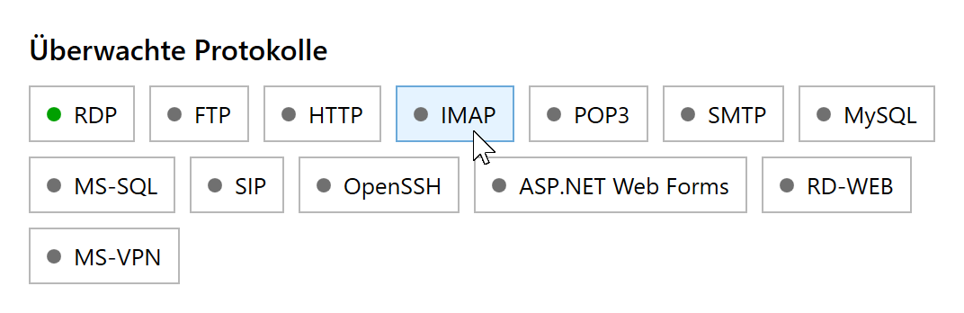Deaktivierte IMAP-Schaltfläche unter Überwachte Protokolle im RdpGuard-Dashboard