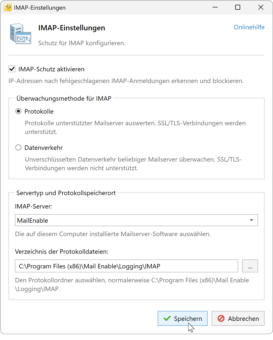 IMAP-Einstellungen mit ausgewählten Protokollen und einem MailEnable-IMAP-Protokollordner