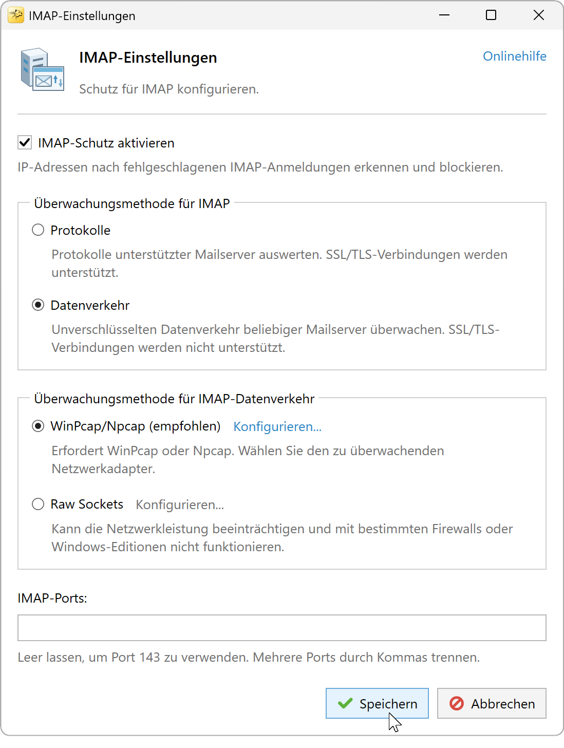IMAP-Einstellungen mit ausgewähltem Datenverkehr und WinPcap/Npcap sowie leerem IMAP-Portfeld