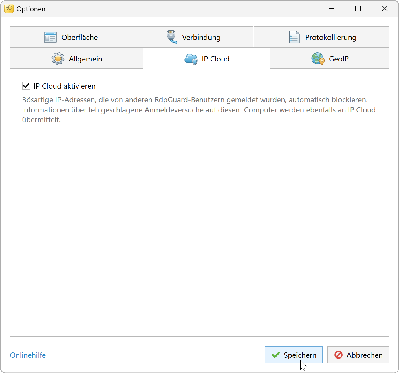 RdpGuard-Optionen mit aktiviertem IP Cloud auf der Registerkarte IP Cloud