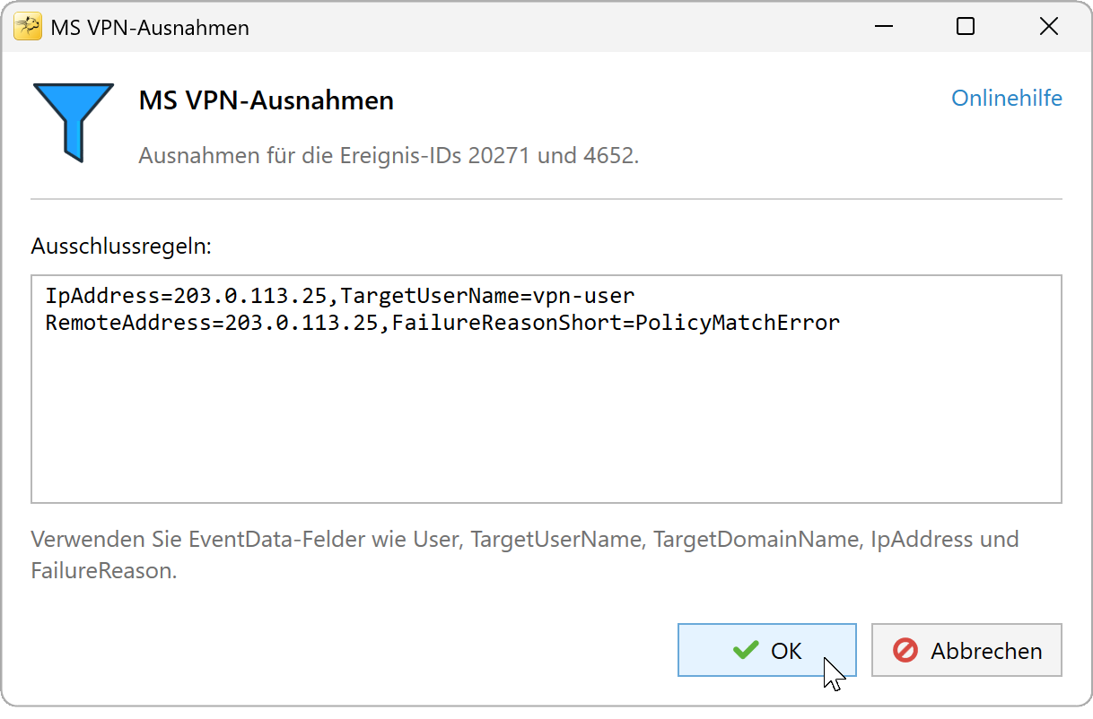 MS-VPN-Ausschlussregeln mit Beschränkung auf eine bestimmte Quell-IP und Ereignisdetails