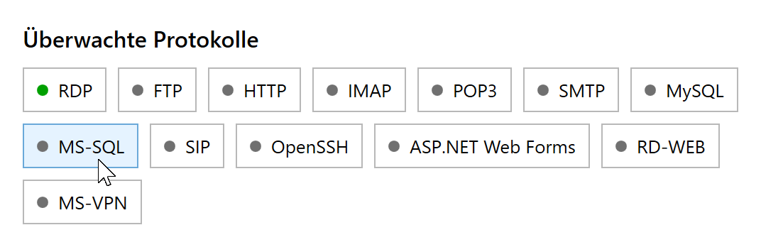 MS-SQL-Schaltfläche unter Überwachte Protokolle im RdpGuard-Dashboard