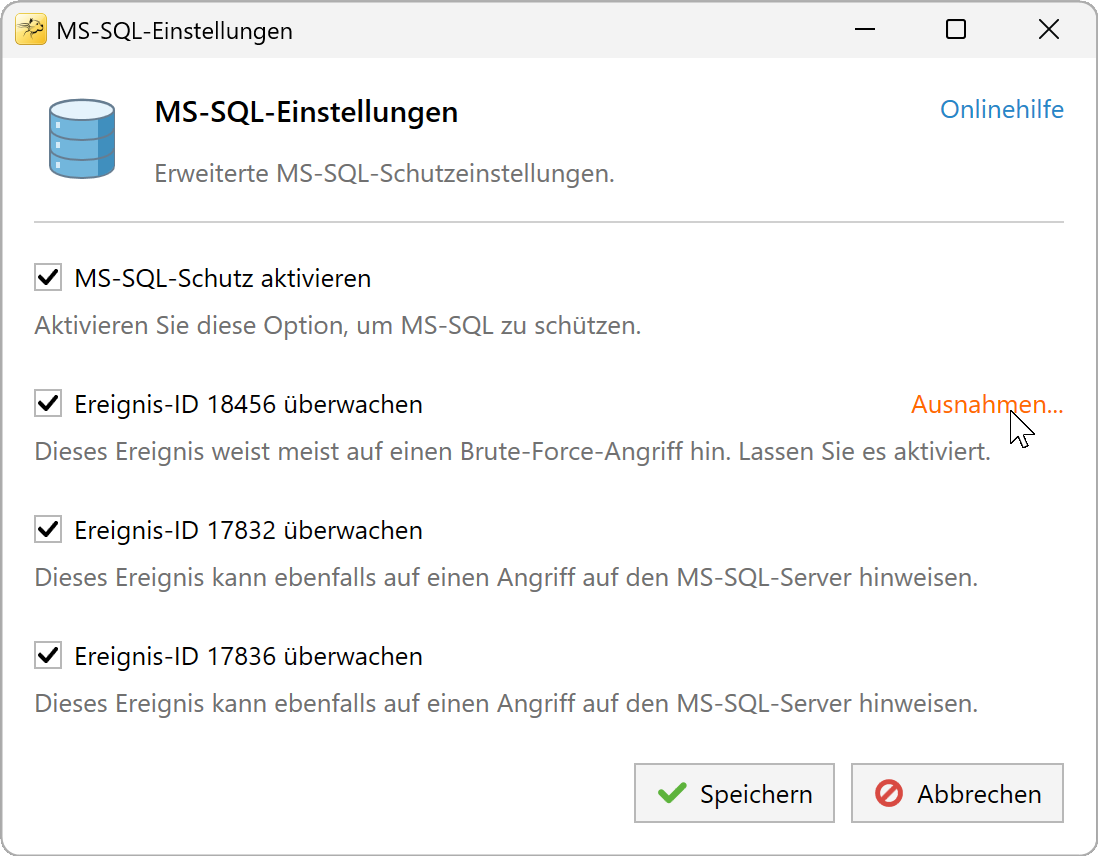 Link Ausschlüsse neben Ereignis-ID 18456 in den MS-SQL-Einstellungen