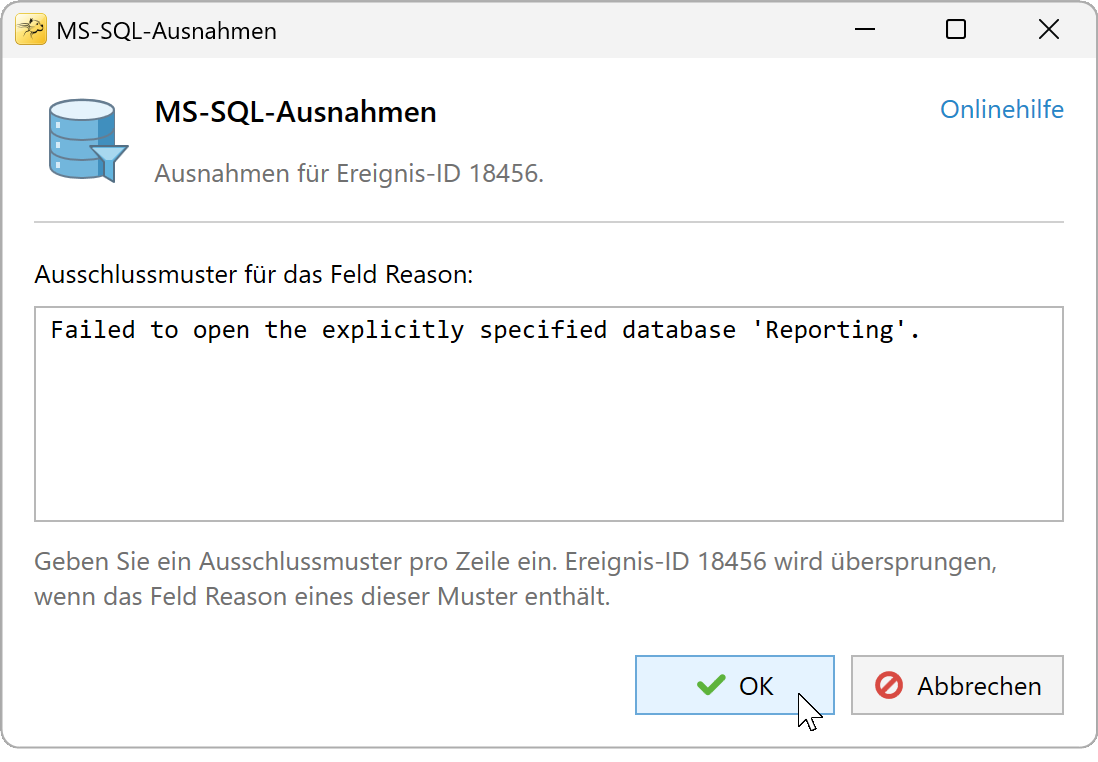 MS-SQL-Ausschlussdialog mit einem Beispieltextmuster für einen Datenbankzugriffsfehler