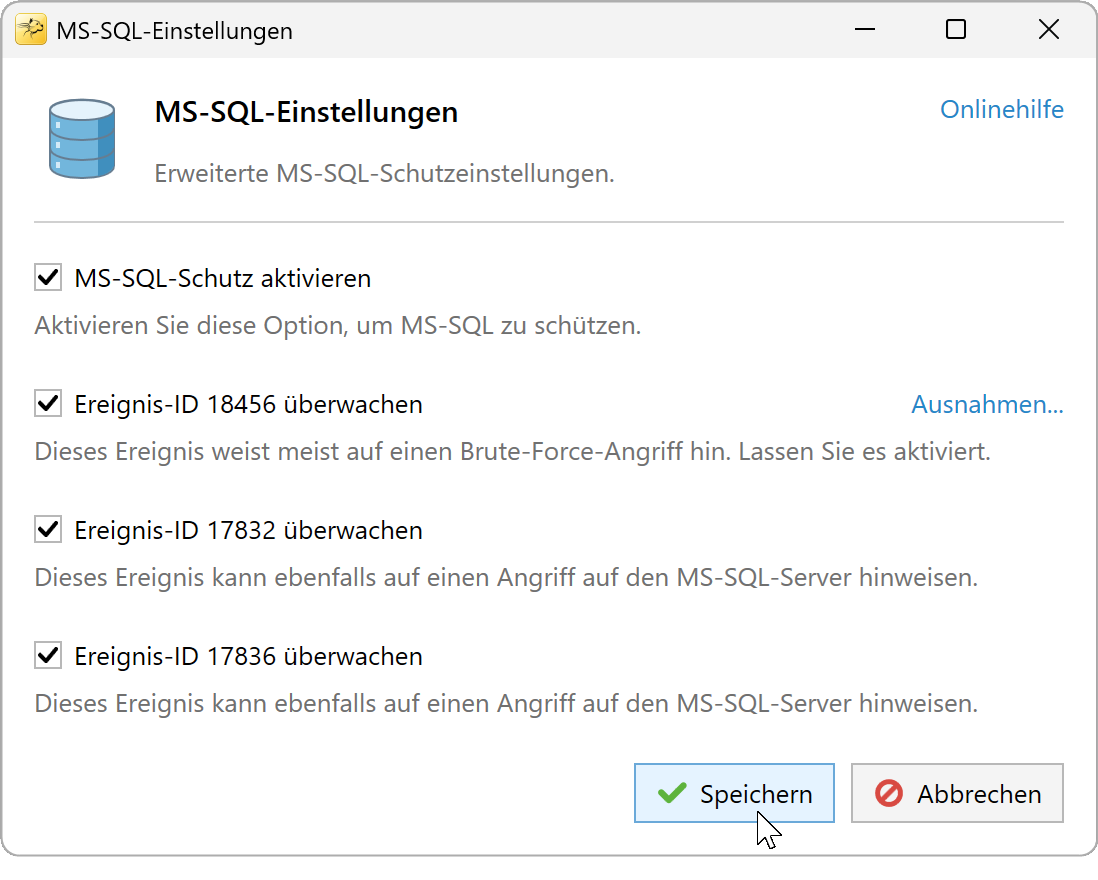 MS-SQL-Einstellungen mit aktiviertem Schutz und ausgewählten Ereignissen 18456, 17832 und 17836