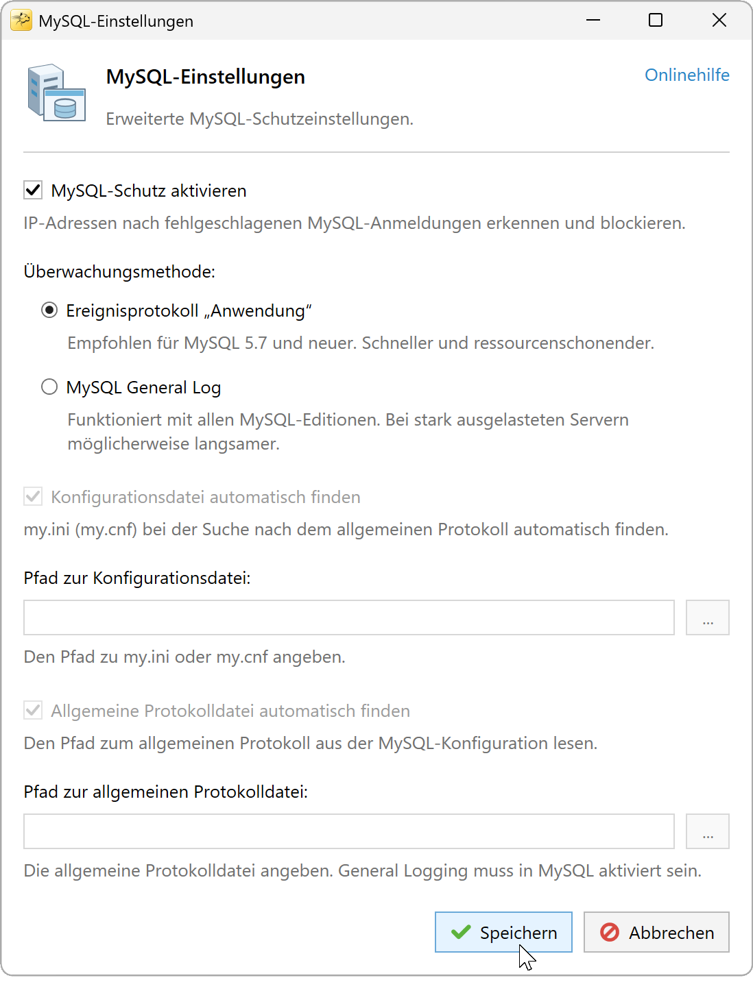 MySQL-Einstellungen mit ausgewähltem Anwendungsereignisprotokoll und deaktivierten Optionen für das allgemeine Protokoll